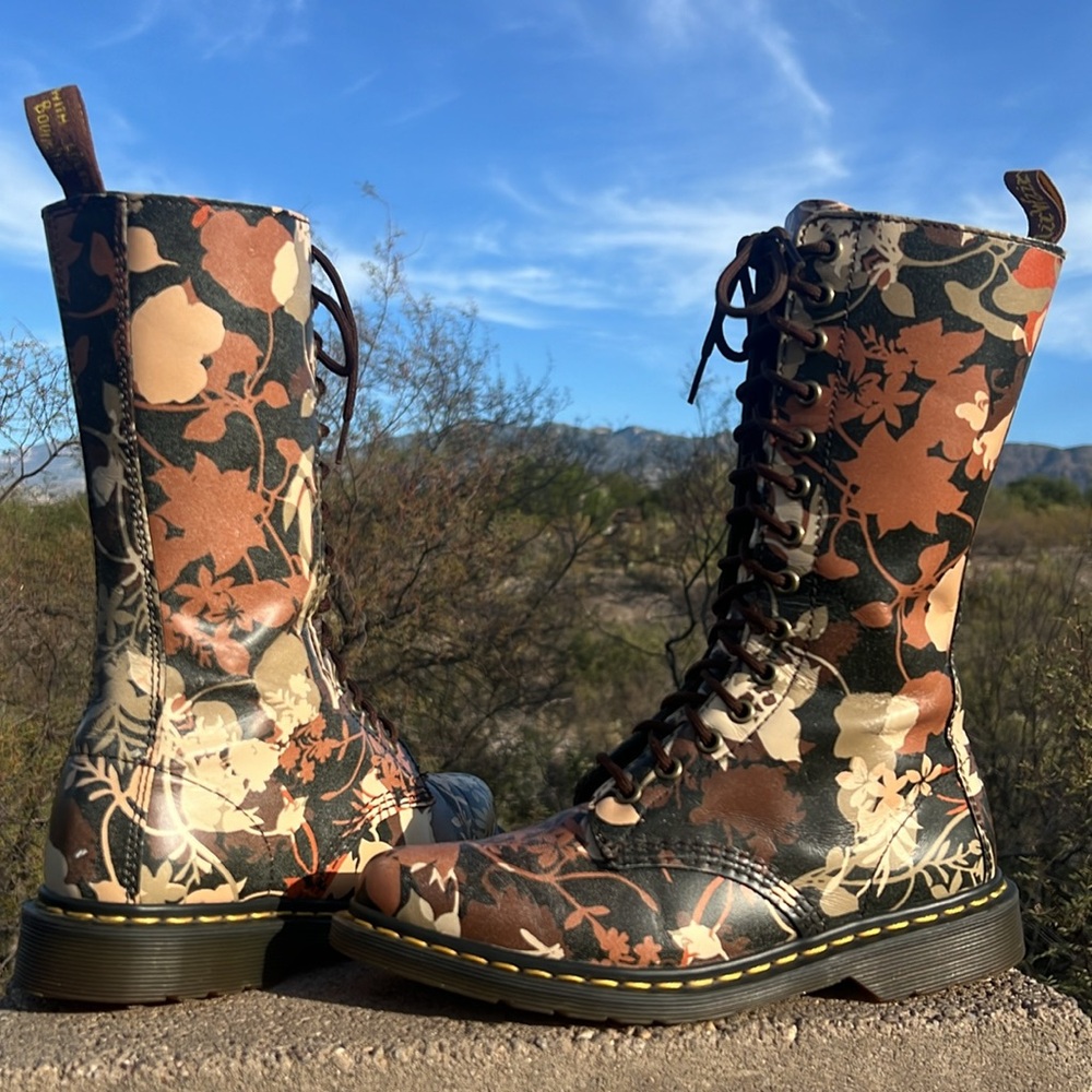 Dr. Martens Fall Floral Tall 14 Eye Pointed Toe Cery Lace Up & Zippered Boots